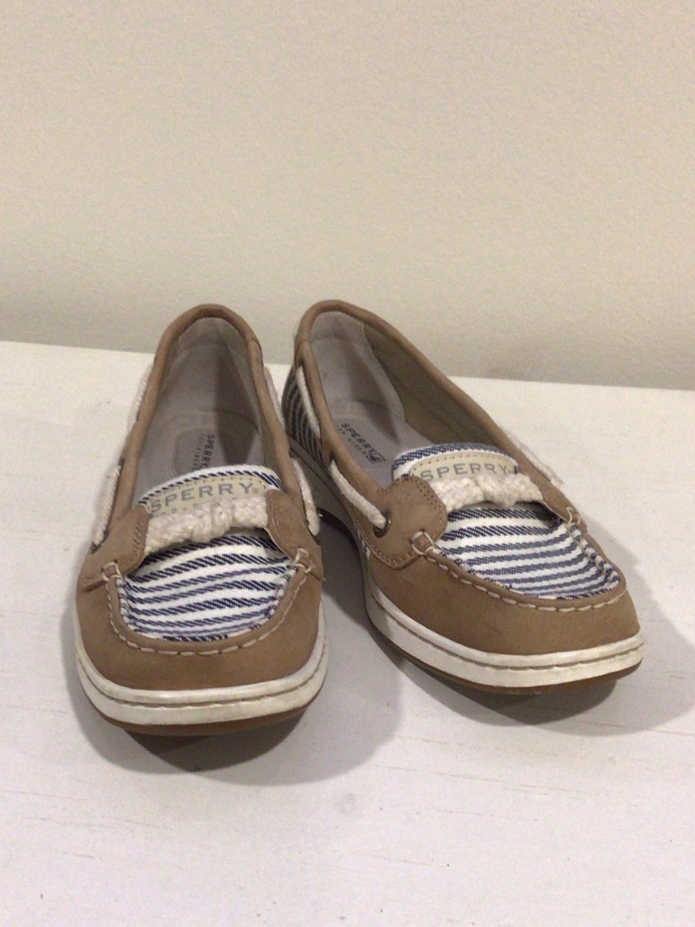 Sperry Tan and Navy Striped Moccasin Boat Shoes - Women's